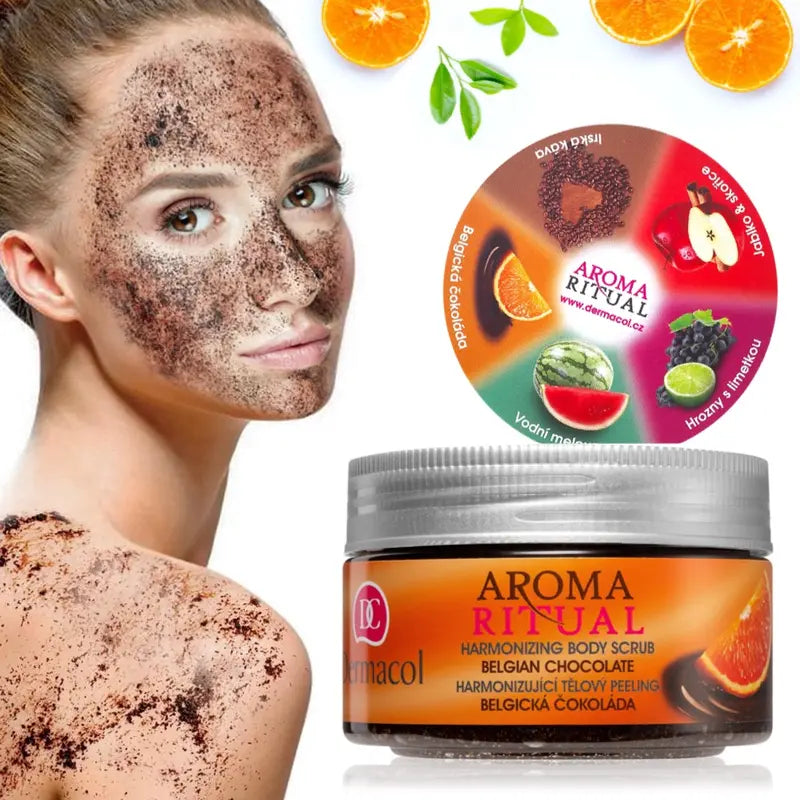 Woman with a scrub on her face next to Dermacol Aroma Ritual body scrub jar and packaging.