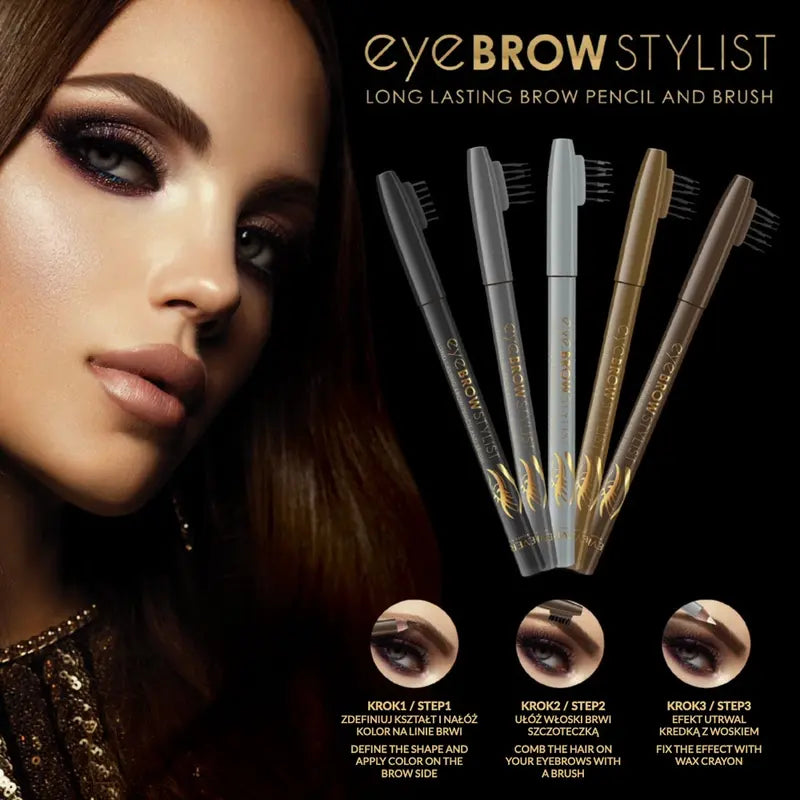Advertisement for eyebrow stylist pencil with a woman's face and product packaging.