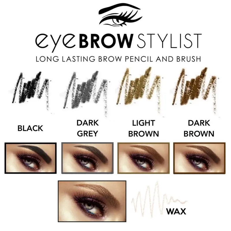 Eye brow stylist product with color swatches and examples on a white background