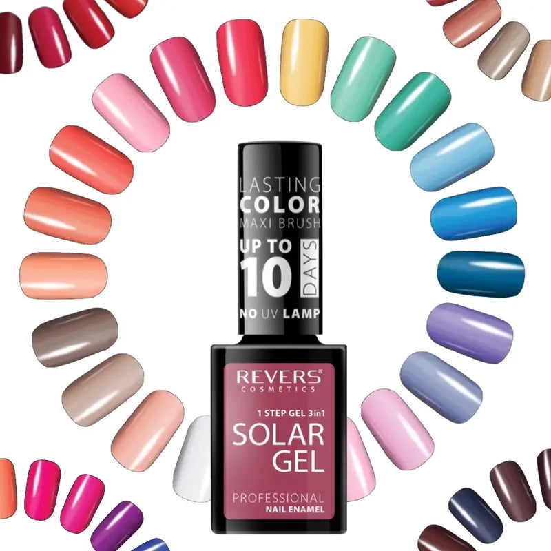 Revers Cosmetics Solar Gel nail polish bottle with colorful nail samples on a white background