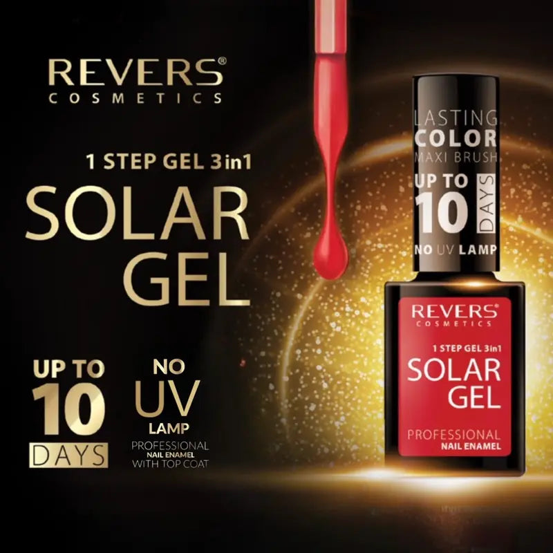 Revers Cosmetics Solar Gel nail polish bottle with promotional text on a dark background