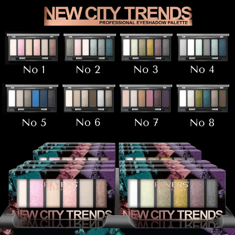New City Trends eyeshadow palettes with various color combinations on a black background.