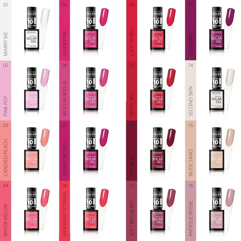 Collection of Solar Gel nail polish bottles with corresponding colors on a white background