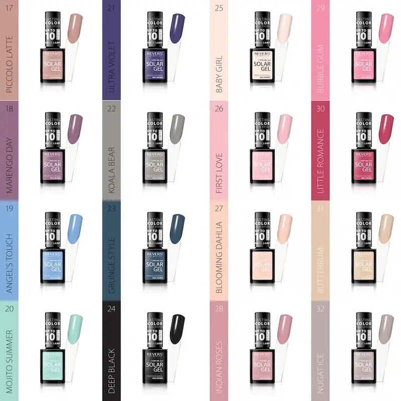 Collection of Solar Gel nail polish bottles with names on a colorful background