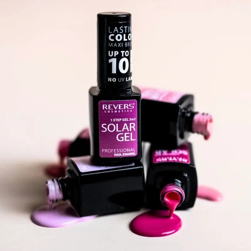 Solar Gel Nail gel polish with pink gel oozing out, featuring 'Revers' and 'Lasting Color' branding.