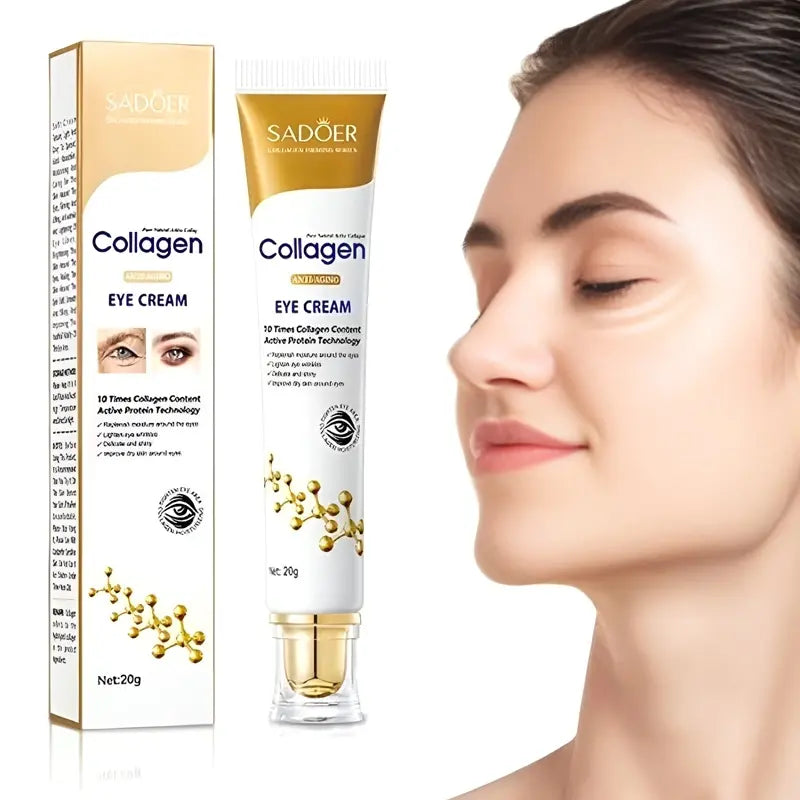 Sadoer Collagen Eye Cream packaging with a close-up of a woman's face.