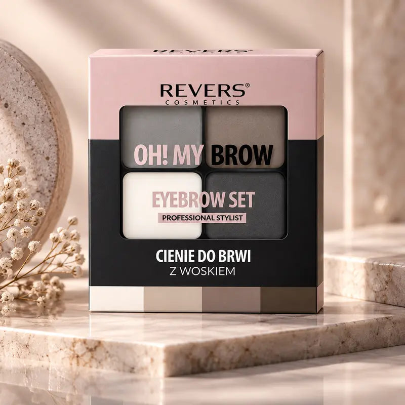 Oh! My Brow Eyebrow Powder & Wax Set 3 Brow Shadows, Setting Wax, Brush & Sponge Applicator Brow Defining, Filling &amp; Shaping Makeup Kit box