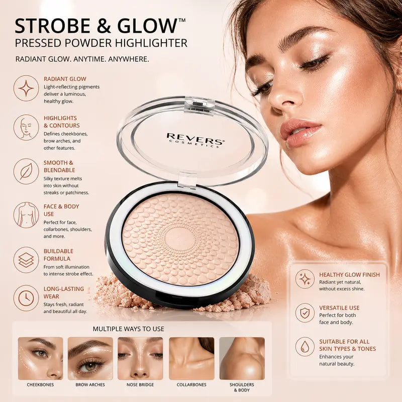 Strobe & Glow Pressed Powder Highlighter Face & Body Illuminator Pearl Radiant Luminous Glow Finish