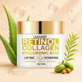 L'Garamér retinol collagen hyaluronic acid cream jar with aloe vera and jojoba oil on a beige background