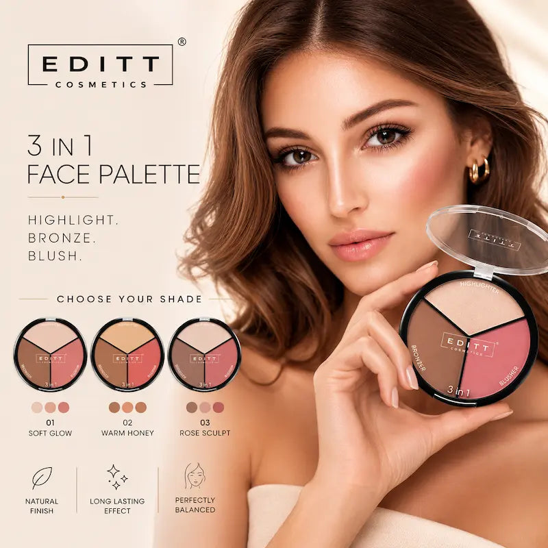 3 in 1 Face Contour Palette Highlighter Bronzer Blusher Makeup Kit Sculpt Define Highlight Glow