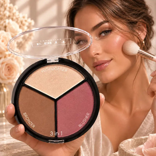 3 in 1 Face Contour Palette Highlighter Bronzer Blusher Makeup Kit Sculpt Define Highlight Glow
