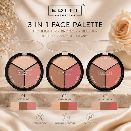 3 in 1 Face Contour Palette Highlighter Bronzer Blusher Makeup Kit Sculpt Define Highlight Glow