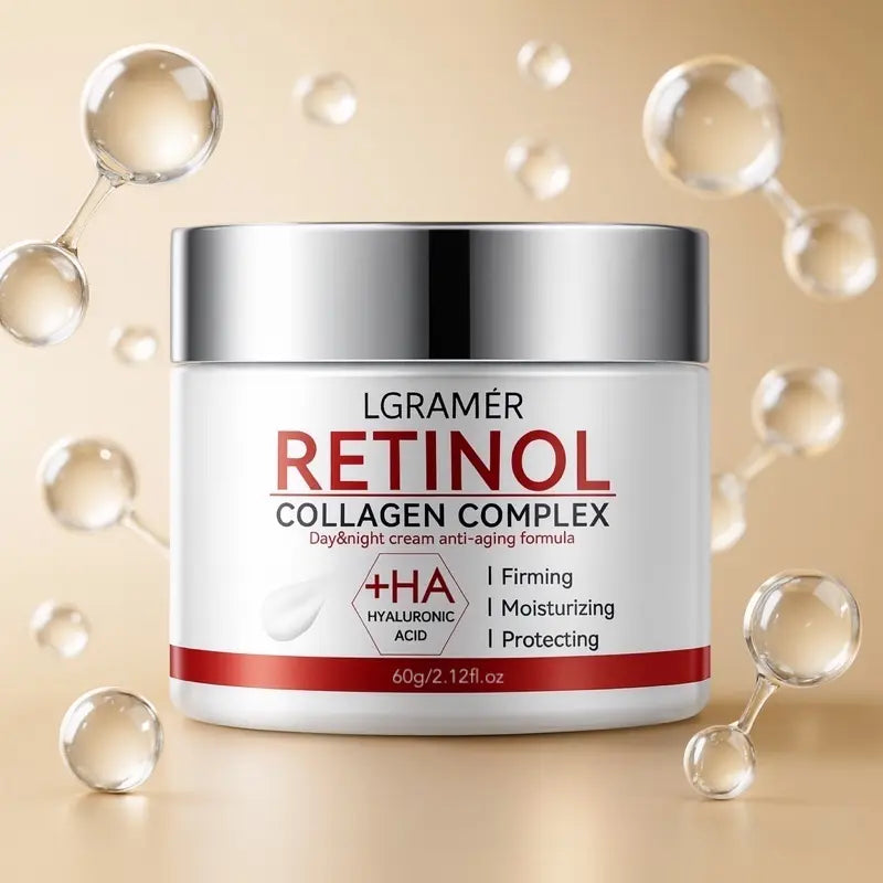 L'Gramer Retinol Collagen Complex cream jar with droplets on a beige background