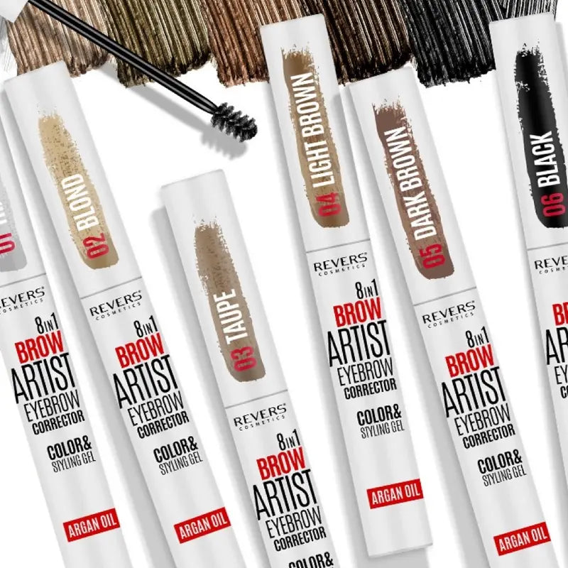 Eyebrow correction products with color swatches on a white background