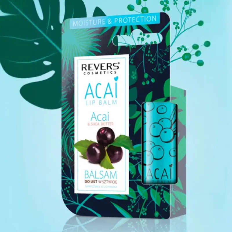 Acai lip balm packaging with a blue background and green leaves.