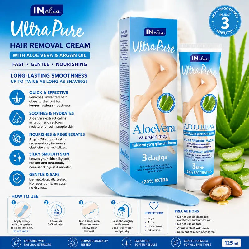 Ultra Pure Hair Removal Cream with Aloe Vera & Argan Oil – Fast, Gentle & Nourishing Depilation
