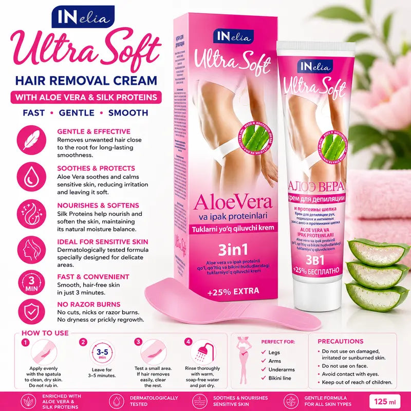 Ultra Soft Hair Removal Cream 3in1 Aloe Vera & Silk Proteins Gentle, Long-Lasting Smoothness for Sensitive Skin