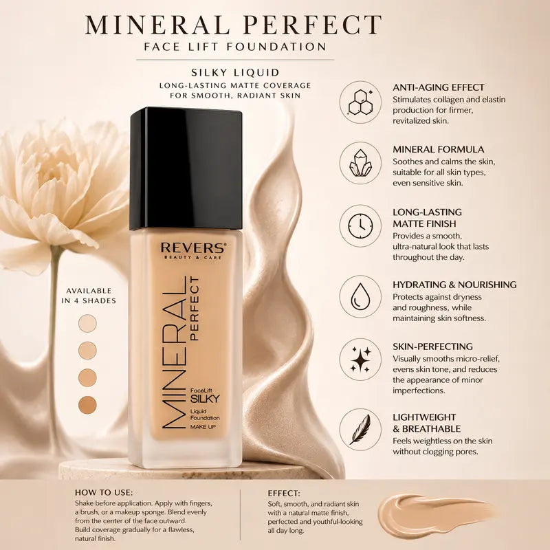 Anti-Aging Mineral Perfect Face Lift Foundation Long-Lasting Silky Liquid Matte Coverage 40ml