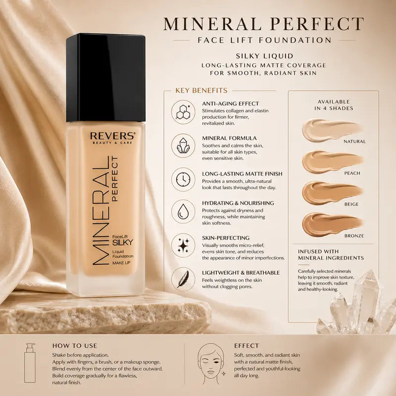 Anti-Aging Mineral Perfect Face Lift Foundation Long-Lasting Silky Liquid Matte Coverage 40ml