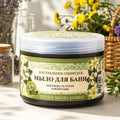 Jar of natural Siberian Grandma Agafia Black Soap with decorative elements on a light background