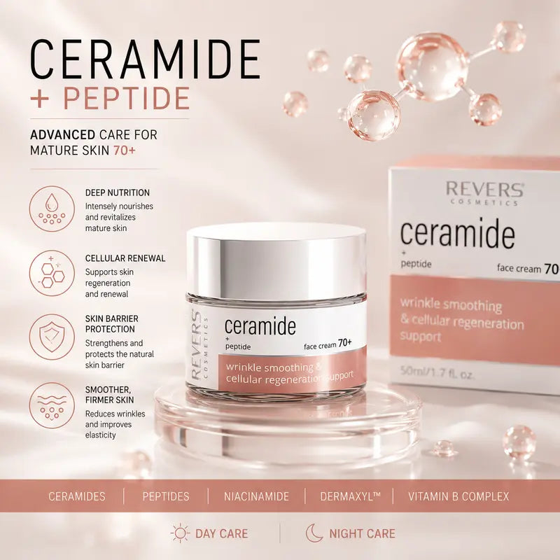 Ceramide Face Cream 70+ with Peptides Anti-Wrinkle & Firming Moisturiser Mature Skin Barrier Repair Deep Hydration 50ml