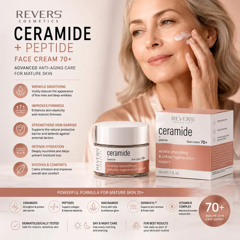 Ceramide Face Cream 70+ with Peptides Anti-Wrinkle & Firming Moisturiser Mature Skin Barrier Repair Deep Hydration 50ml