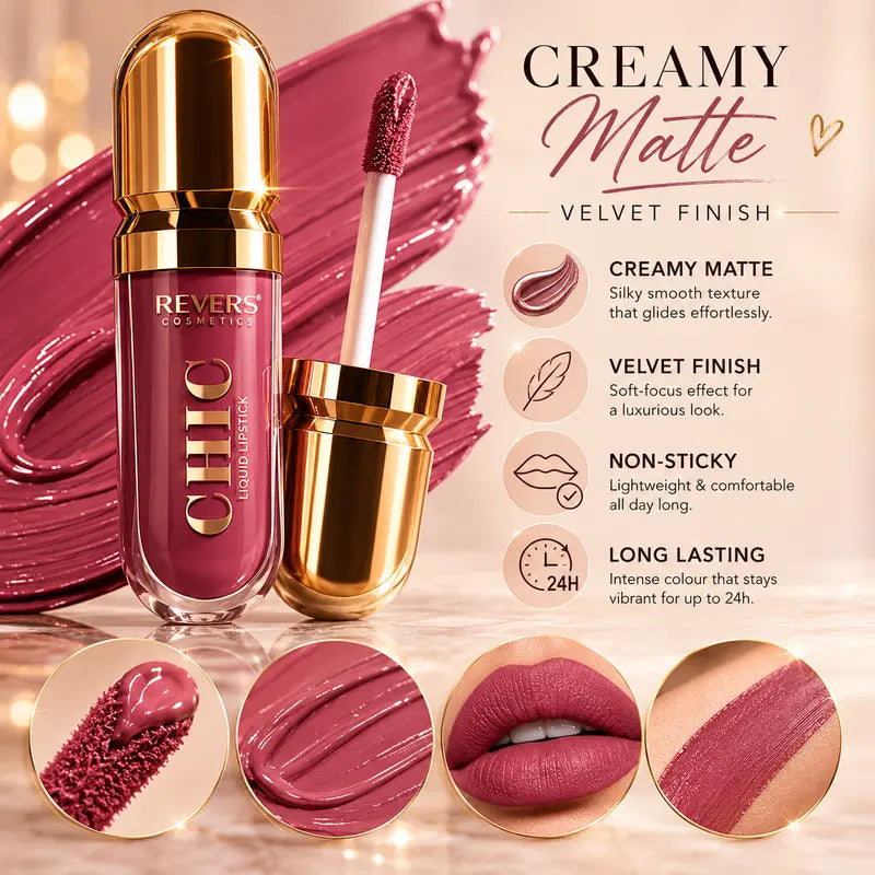 CHIC Liquid Lipstick Collection Long-Lasting Satin Finish Lip Colour Nude, Red & Mocha Shades