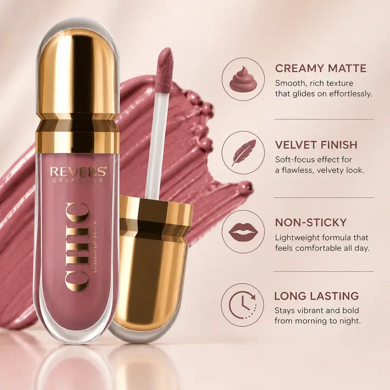 CHIC Liquid Lipstick Collection Long-Lasting Satin Finish Lip Colour Nude, Red & Mocha Shades