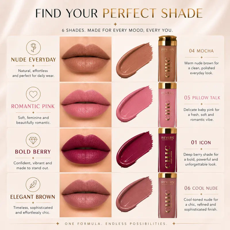 CHIC Liquid Lipstick Collection Long-Lasting Satin Finish Lip Colour Nude, Red & Mocha Shades