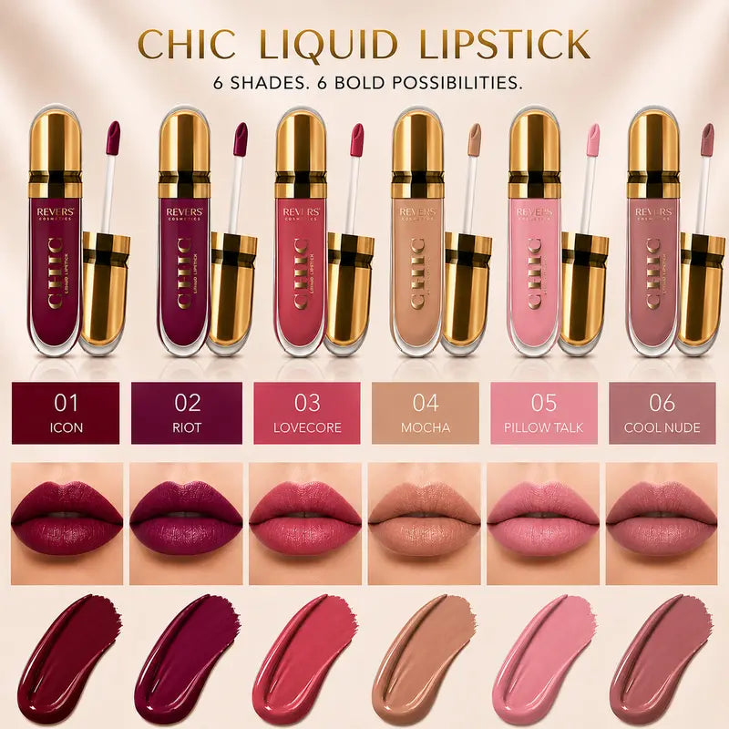 CHIC Liquid Lipstick Collection Long-Lasting Satin Finish Lip Colour Nude, Red & Mocha Shades