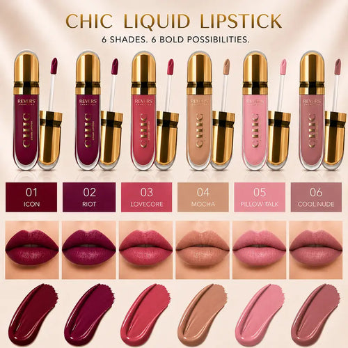 CHIC Liquid Lipstick Collection Long-Lasting Satin Finish Lip Colour Nude, Red & Mocha Shades