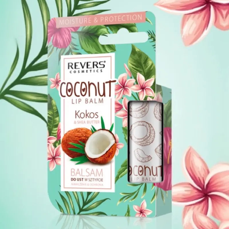 Coconut Lip Balm packaging with tropical design on a light blue background