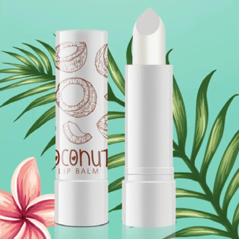 Coconut lip balm with packaging on a green background with leaves and a flower