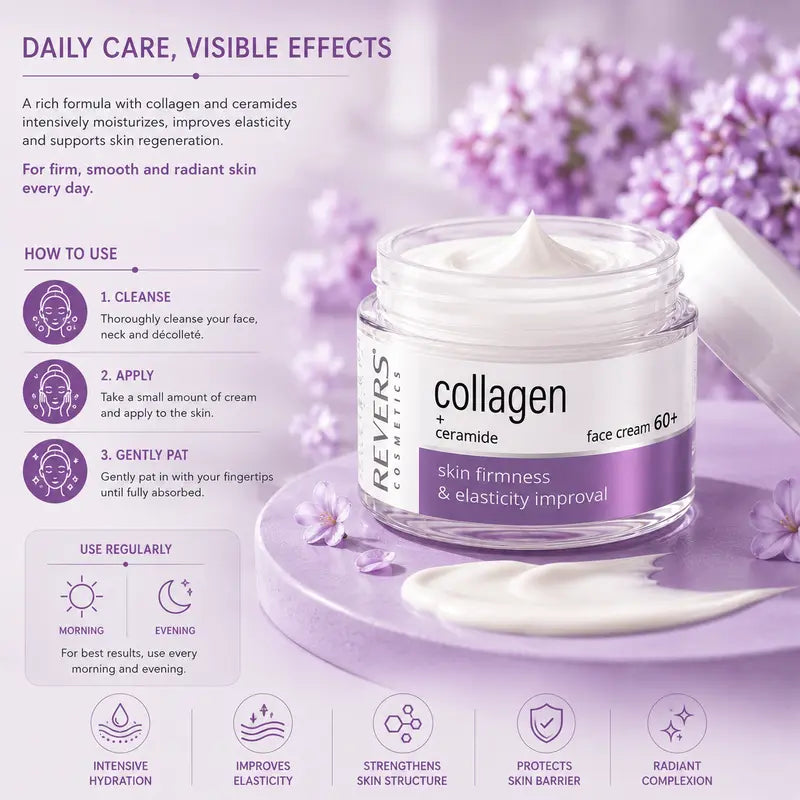 Collagen Face Cream 60+ with Ceramides Firming & Hydrating Moisturiser Mature Skin Barrier Support Anti-Ageing Skincare 50ml