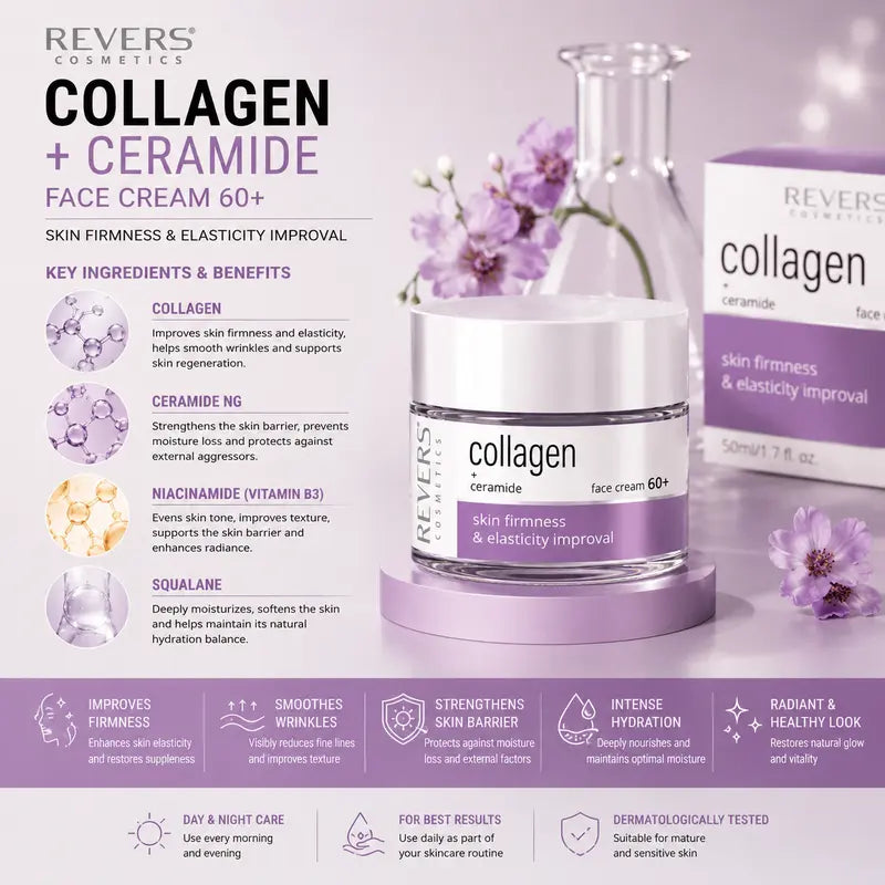 Collagen Face Cream 60+ with Ceramides Firming & Hydrating Moisturiser Mature Skin Barrier Support Anti-Ageing Skincare 50ml