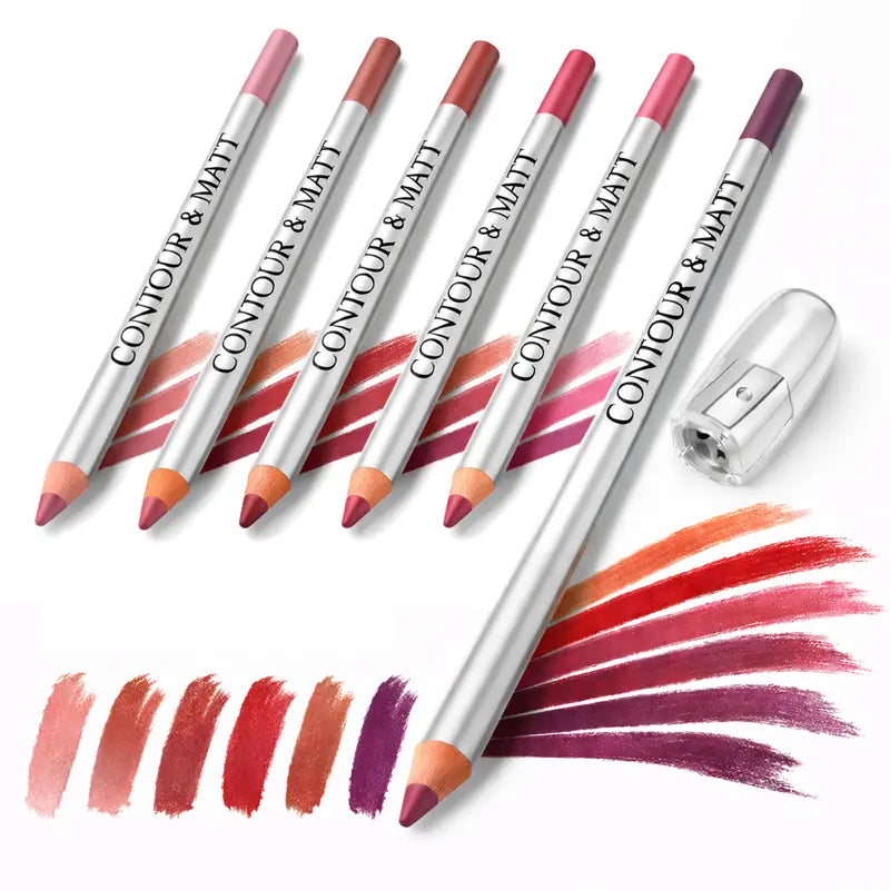 Set of Contour & Matt lip pencils with color swatches on a white background