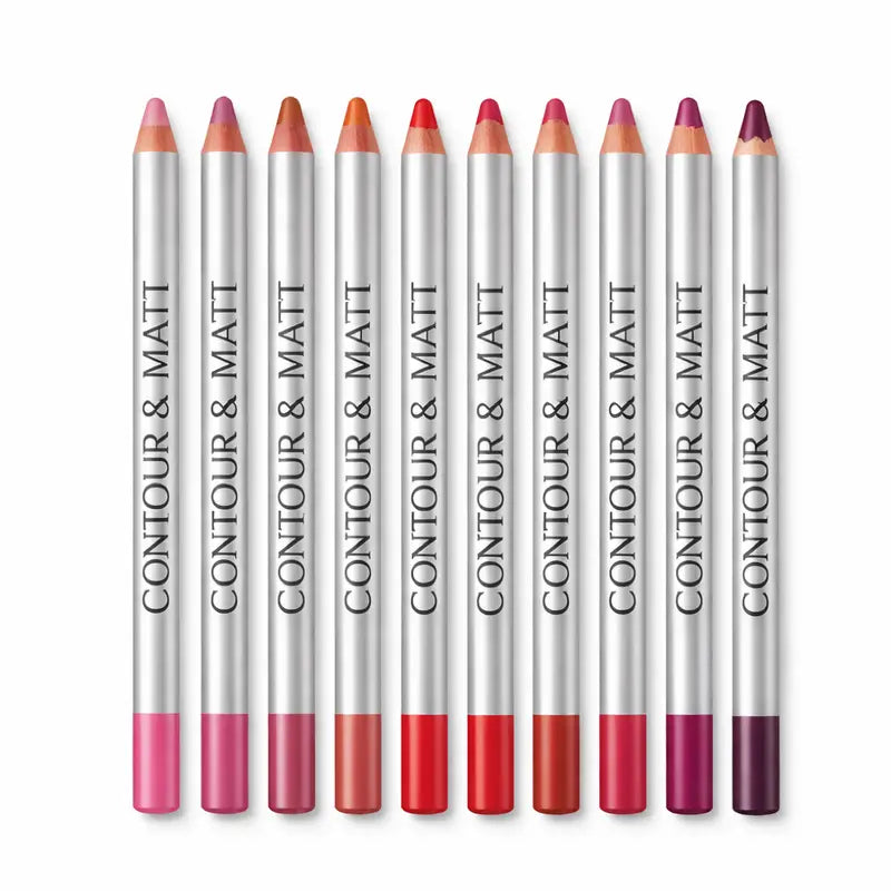 Set of Contour & Matt lip pencils with color swatches on a white background