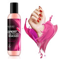 Bottle of Revers Expert Nail Polish Remover with a hand and pink nail polish splash on a white background
