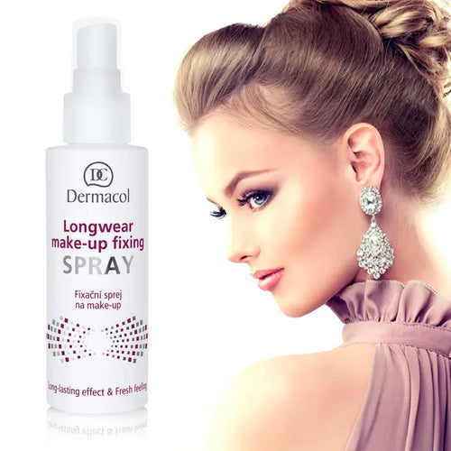 Dermacol longwear makeup fixing spray with a model wearing earrings on a white background