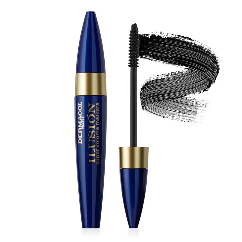 Dermacol Ilusion Super Volume mascara with blue and gold packaging on a white background