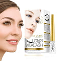 Long 4 Lashes eyelash enhancing serum with packaging and a model wearing longer lashes.