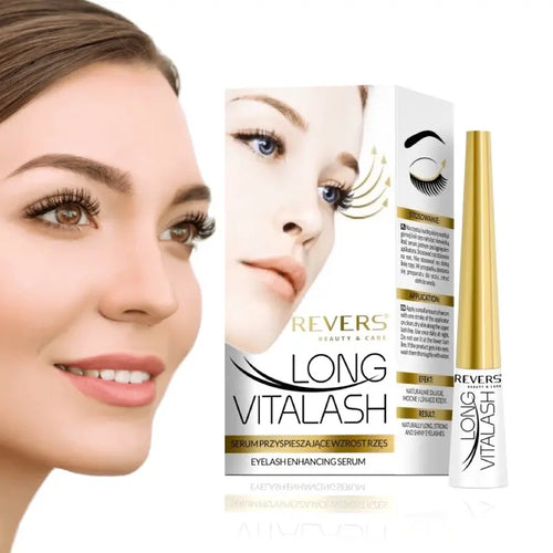 Long 4 Lashes eyelash enhancing serum with packaging and a model wearing longer lashes.