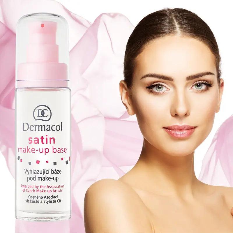 Dermacol satin make-up base 30ml bottle with a model against a pink background