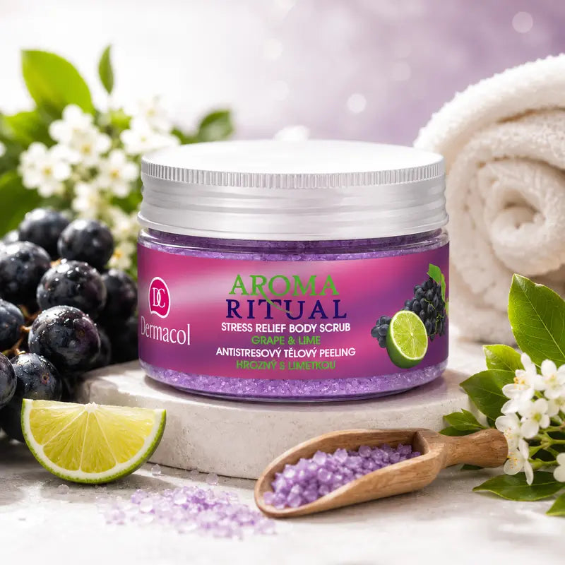 Dermacol Aroma Ritual stress relief body scrub jar on a white background