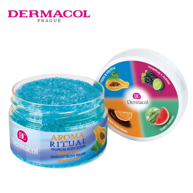 Dermacol Aroma Ritual tropical body scrub jar with packaging on a white background