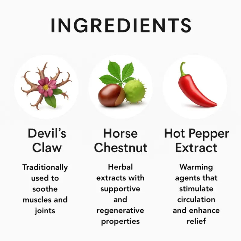Ingredients list with icons and descriptions of Devil's Claw, Horse Chestnut, and Hot Pepper Extract on a white background.