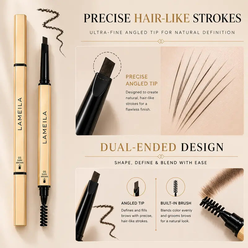 Eyebrow Pencil Waterproof Dual-Ended Brow Pen with Brush Precision Angled Tip, Smudge-Proof, Sweat-Proof, Long-Lasting Natural Brows