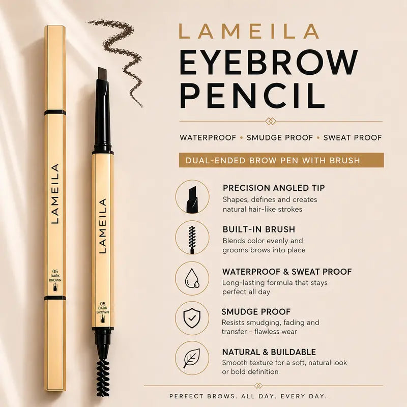 Eyebrow Pencil Waterproof Dual-Ended Brow Pen with Brush Precision Angled Tip, Smudge-Proof, Sweat-Proof, Long-Lasting Natural Brows