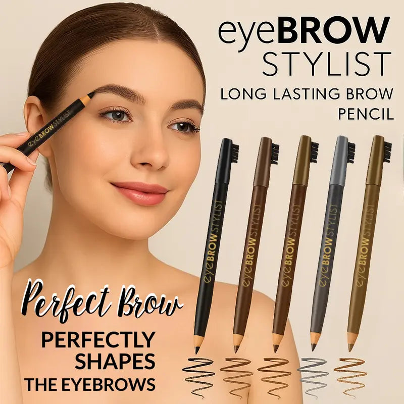 Eye brow stylist pencils with a model holding one, on a beige background