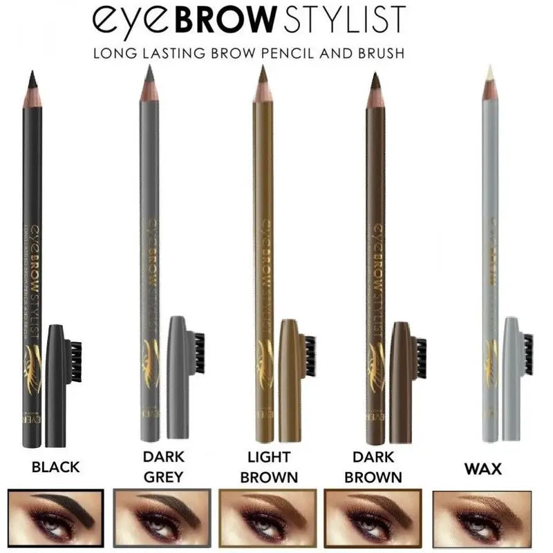 Eye brow stylist products with pencils and brush, showing color options and application examples.
